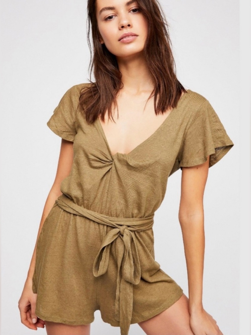 Free People Ballerina Wrap Olive Green Short Sleeve Knit Romper with Tie Waist